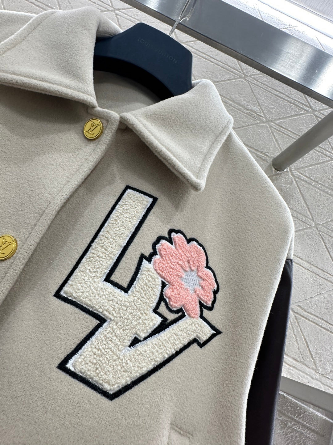 LV 26 Patchwork Leather Baseball Wool Jacket