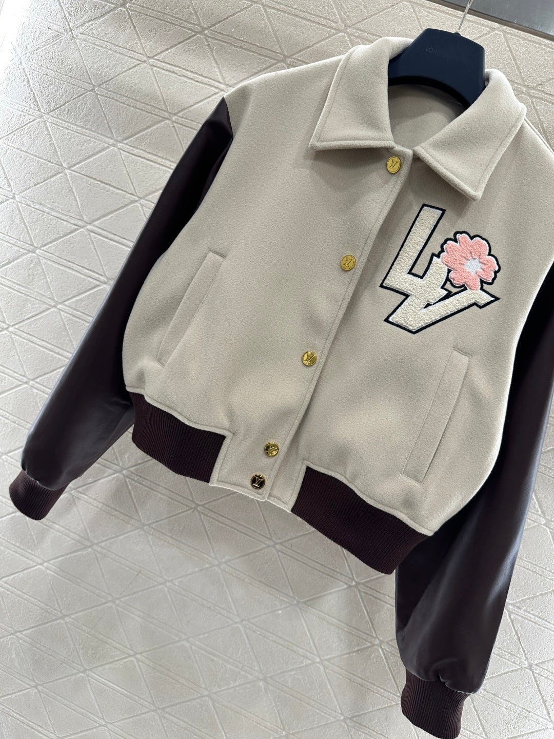 LV 26 Patchwork Leather Baseball Wool Jacket
