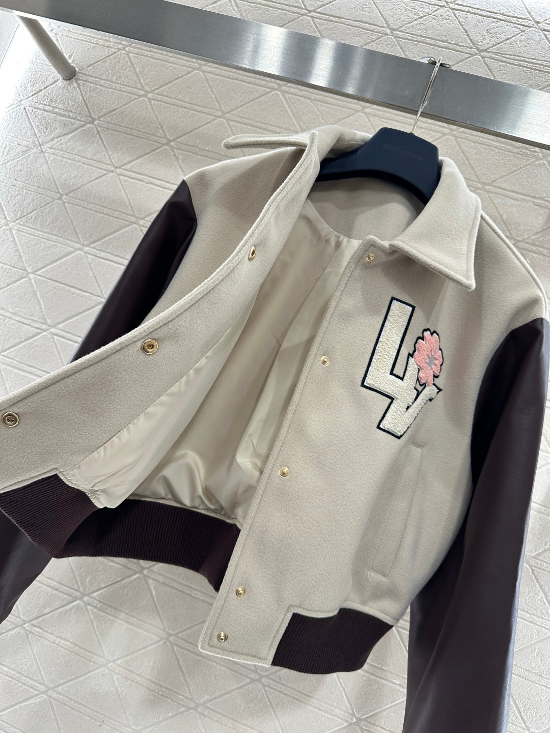 LV 26 Patchwork Leather Baseball Wool Jacket