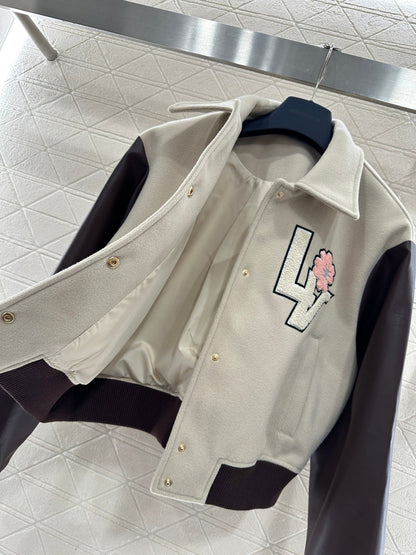LV 26 Patchwork Leather Baseball Wool Jacket