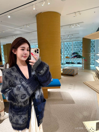 LV 25 Monogram Color Block Mohair V-Neck Cardigan