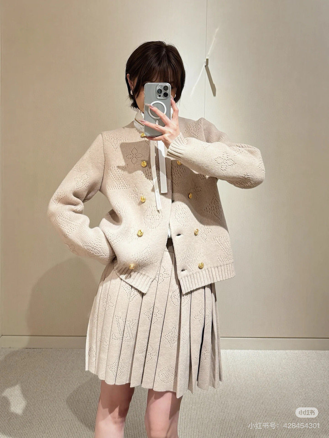 LV 25 Pattern Gold Button Cardigan + Pleated Mini Skirt