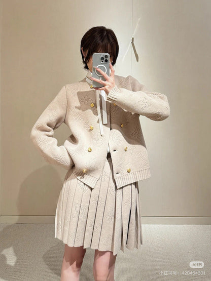 LV 25 Pattern Gold Button Cardigan + Pleated Mini Skirt