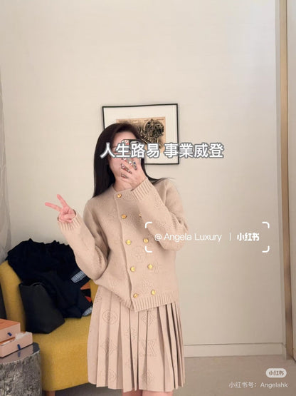 LV 25 Pattern Gold Button Cardigan + Pleated Mini Skirt