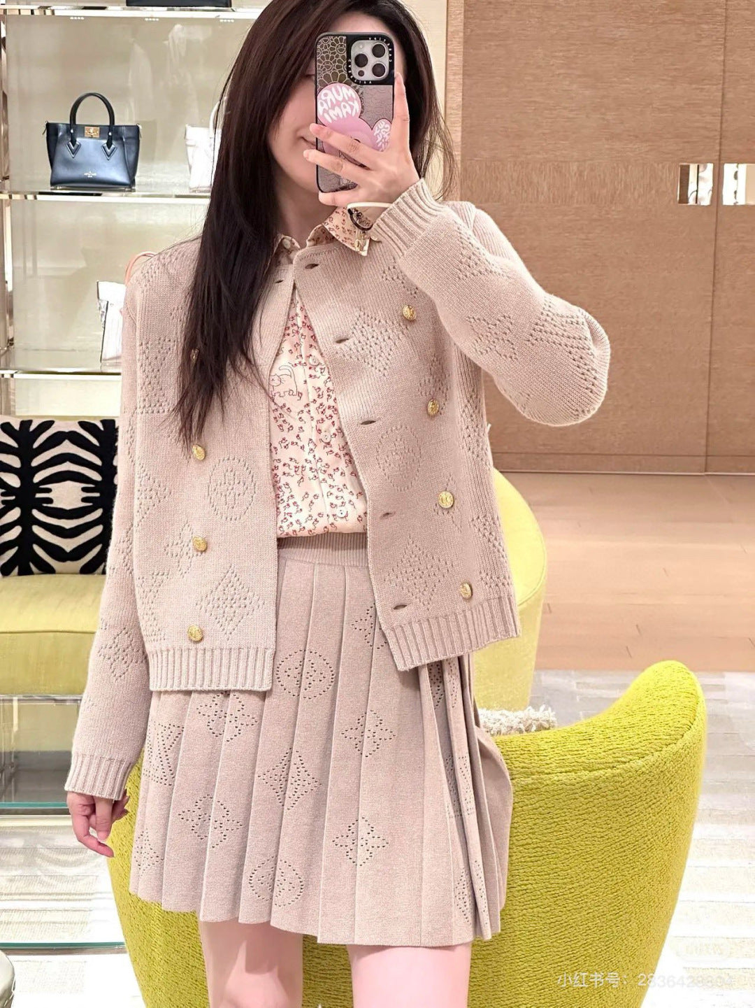 LV 25 Pattern Gold Button Cardigan + Pleated Mini Skirt