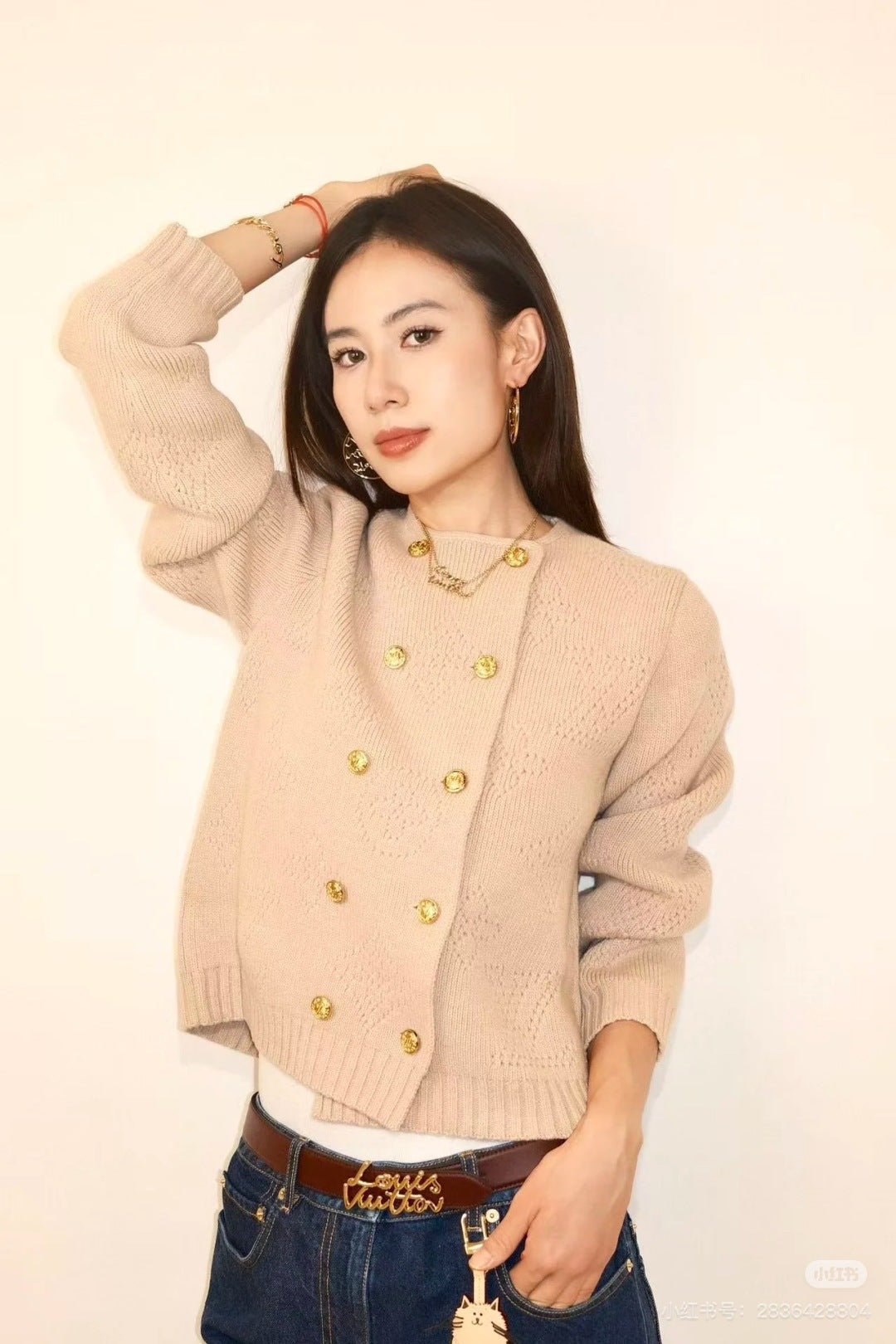 LV 25 Pattern Gold Button Cardigan + Pleated Mini Skirt