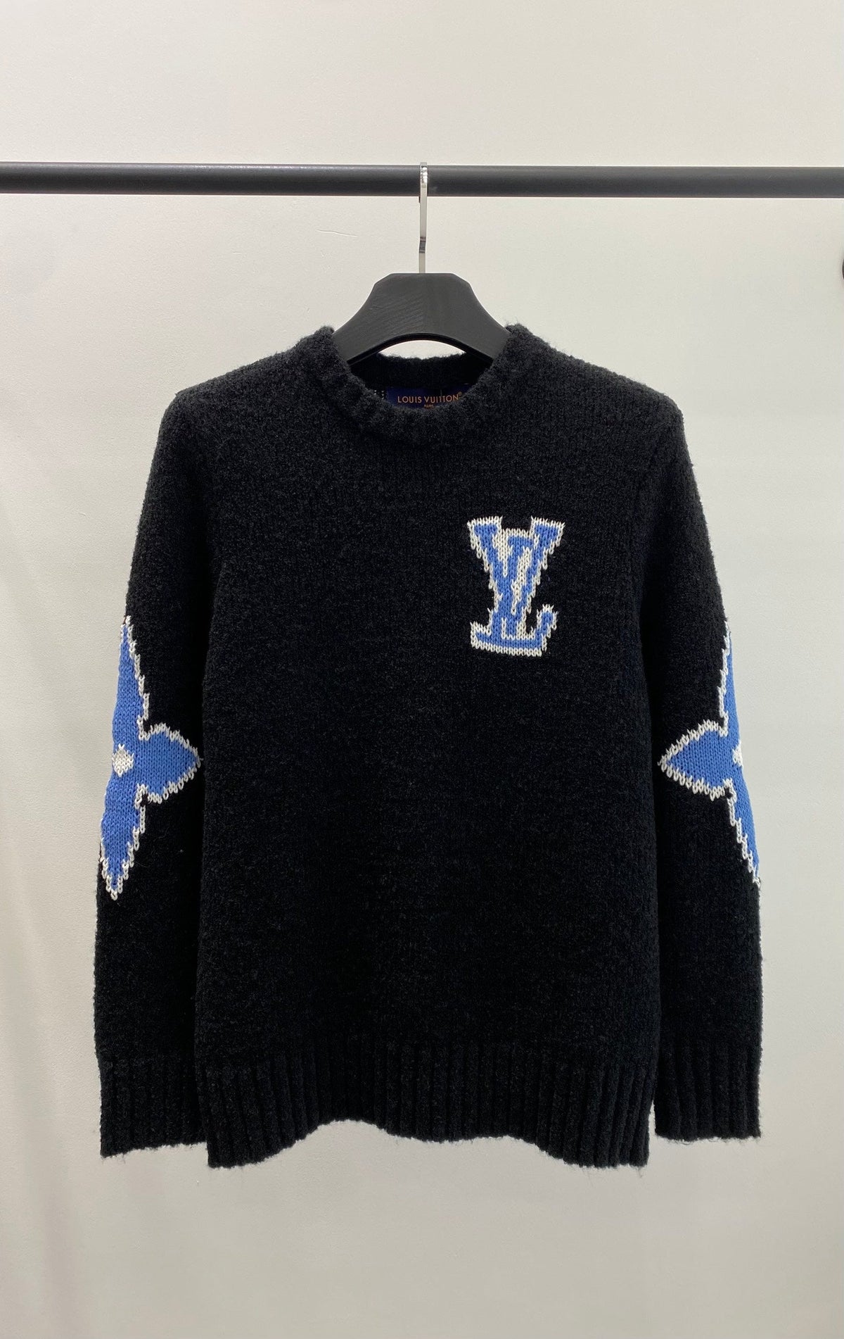 LV Solid Letter Jacquard Crew Neck Knit Black Long Sleeve