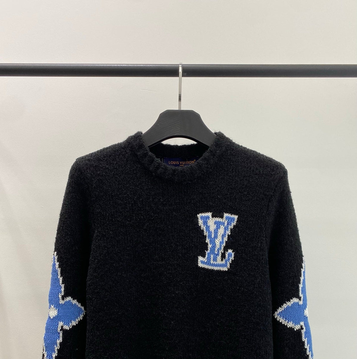 LV Solid Letter Jacquard Crew Neck Knit Black Long Sleeve