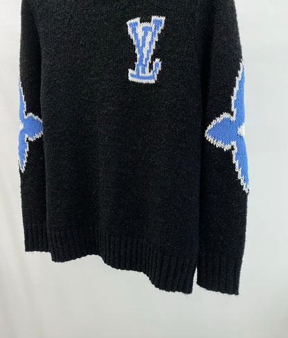 LV Solid Letter Jacquard Crew Neck Knit Black Long Sleeve