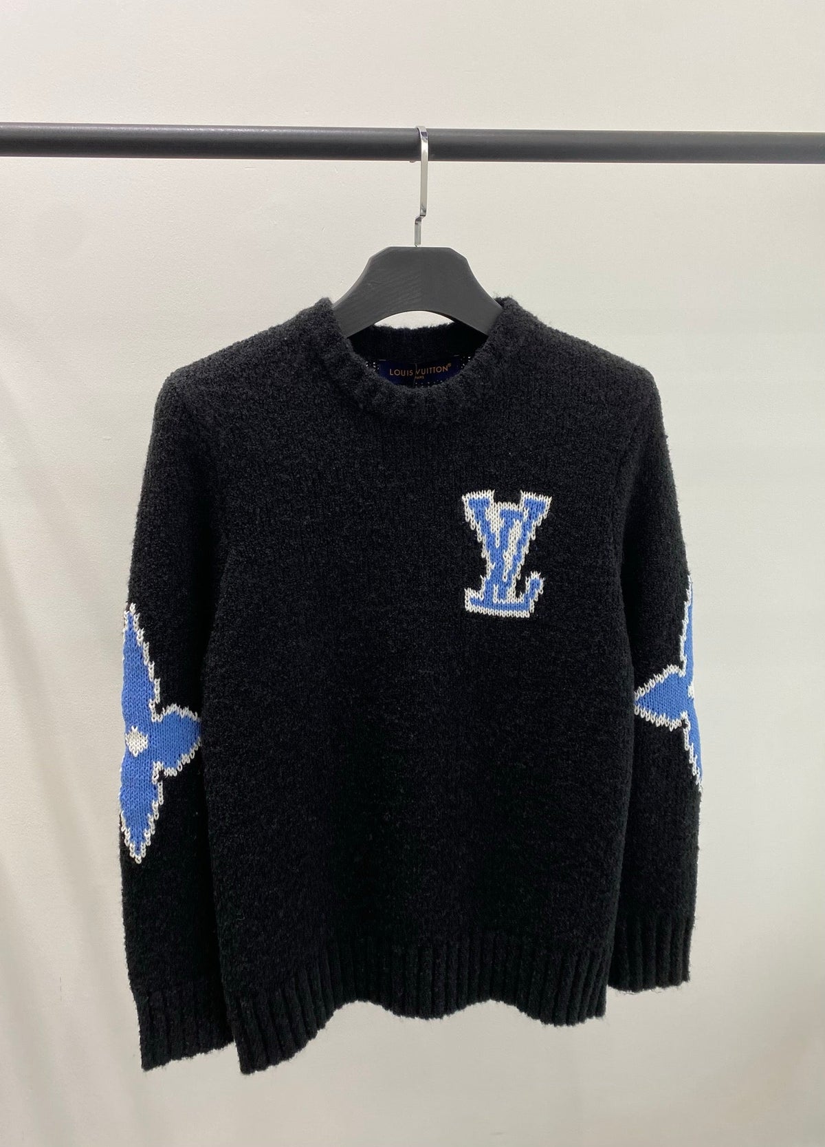 LV Solid Letter Jacquard Crew Neck Knit Black Long Sleeve