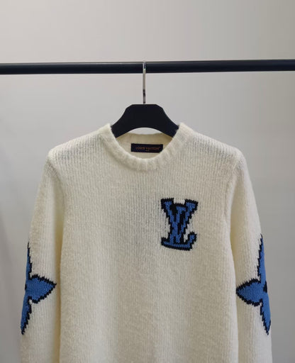 LV Solid Letter Jacquard Crew Neck Knit White Long Sleeve