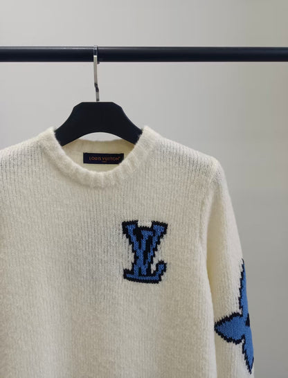 LV Solid Letter Jacquard Crew Neck Knit White Long Sleeve