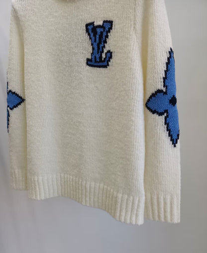 LV Solid Letter Jacquard Crew Neck Knit White Long Sleeve