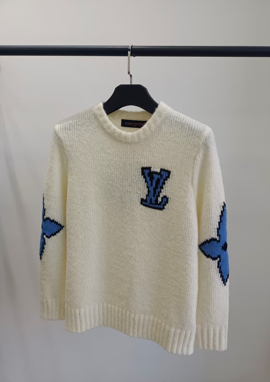 LV Solid Letter Jacquard Crew Neck Knit White Long Sleeve
