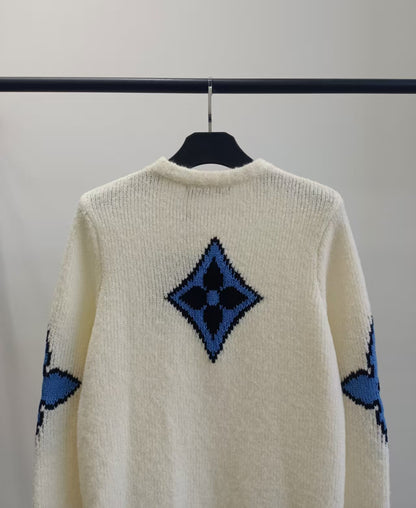 LV Solid Letter Jacquard Crew Neck Knit White Long Sleeve