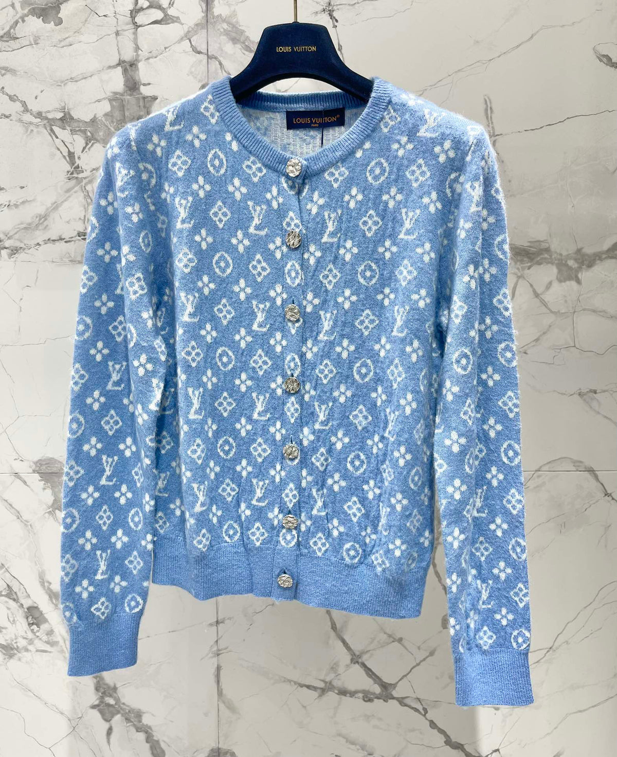 LV Monogram Jacquard All-over Print Blue Cardigan with Monogram Pattern