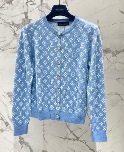 LV Monogram Jacquard All-over Print Blue Cardigan with Monogram Pattern