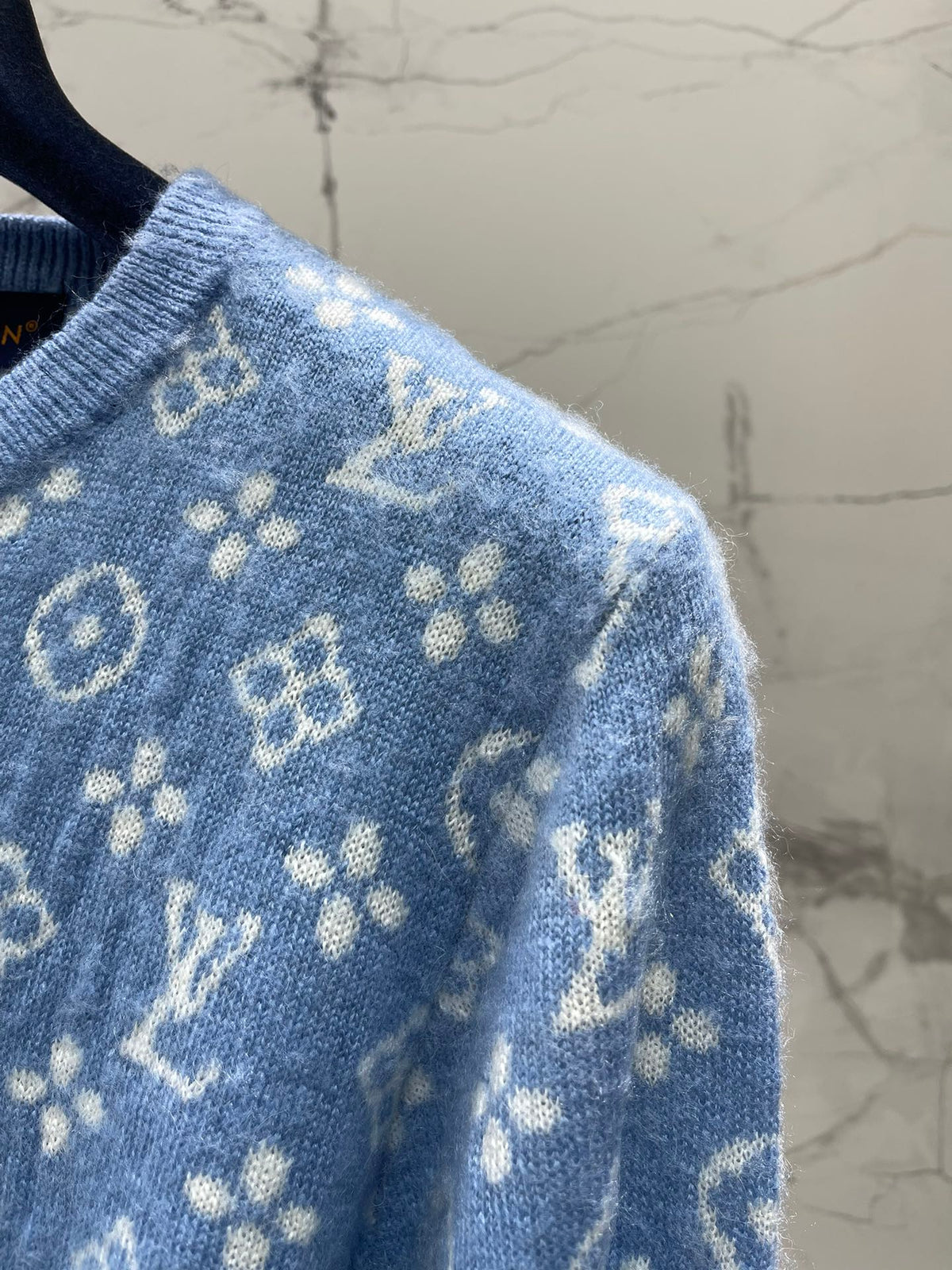 LV Monogram Jacquard All-over Print Blue Cardigan with Monogram Pattern