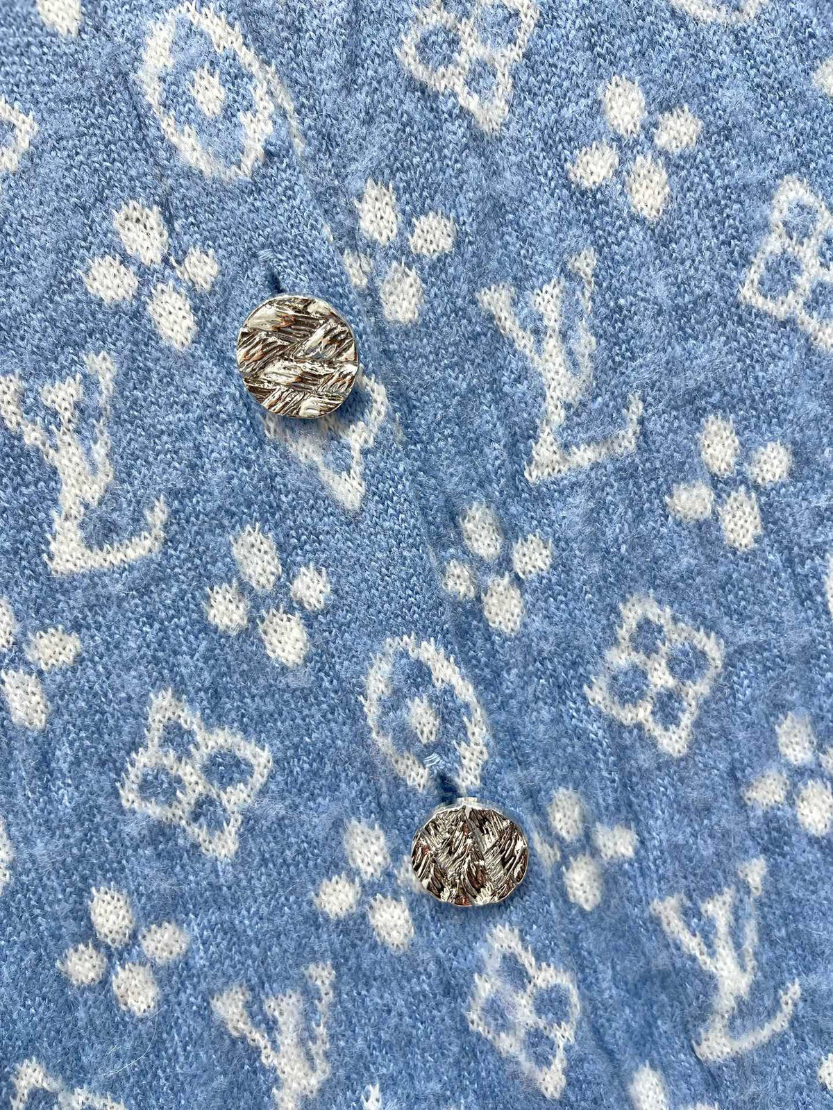 LV Monogram Jacquard All-over Print Blue Cardigan with Monogram Pattern