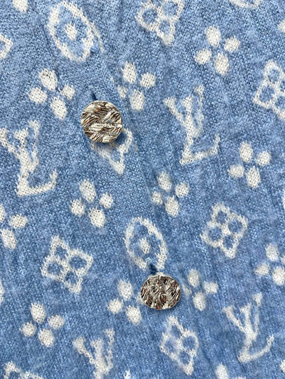 LV Monogram Jacquard All-over Print Blue Cardigan with Monogram Pattern