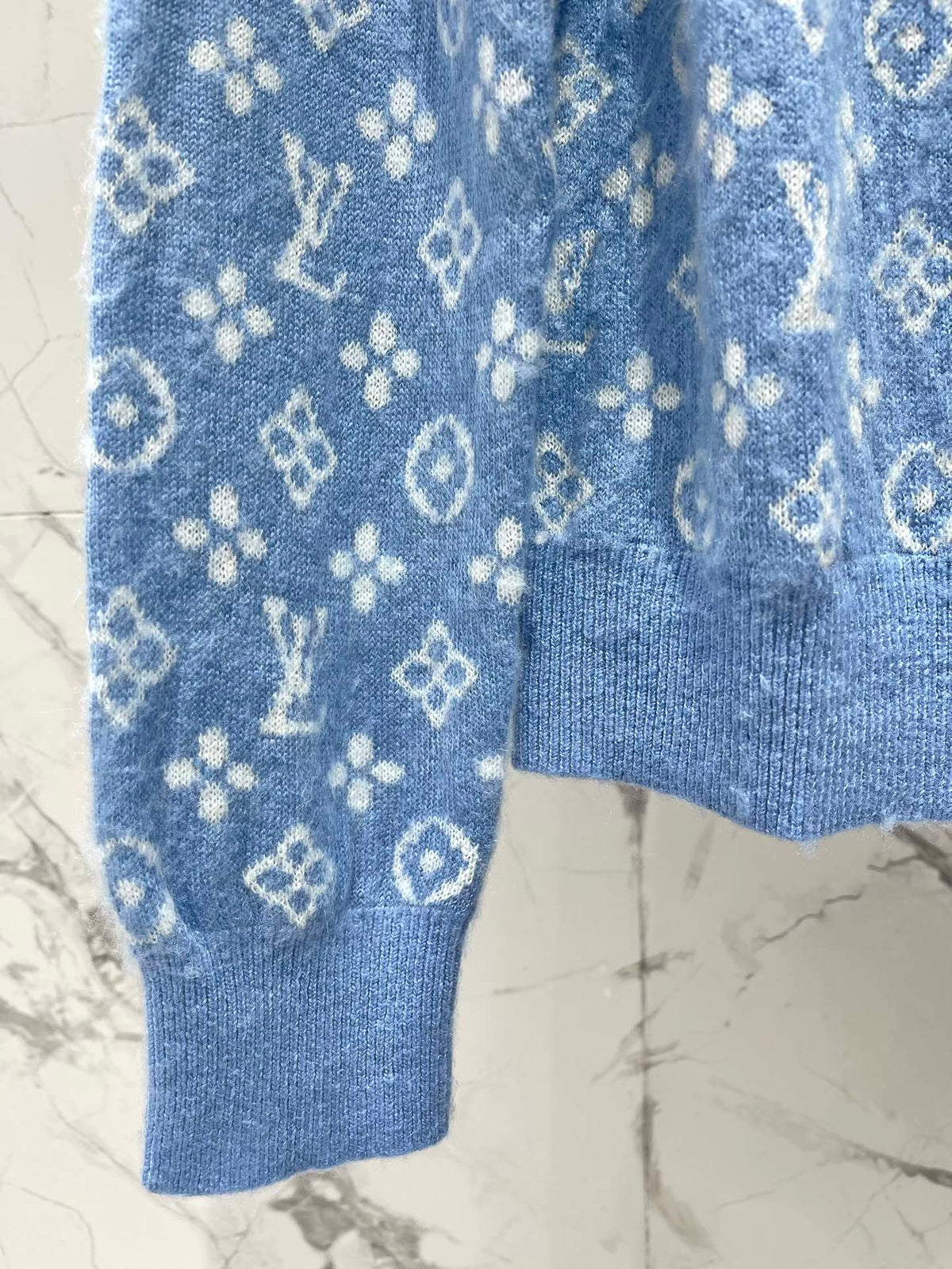 LV Monogram Jacquard All-over Print Blue Cardigan with Monogram Pattern