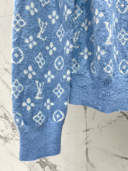LV Monogram Jacquard All-over Print Blue Cardigan with Monogram Pattern