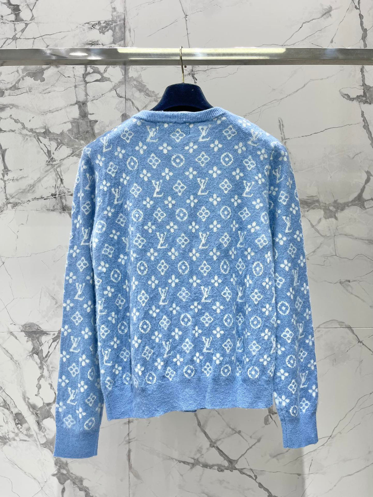 LV Monogram Jacquard All-over Print Blue Cardigan with Monogram Pattern
