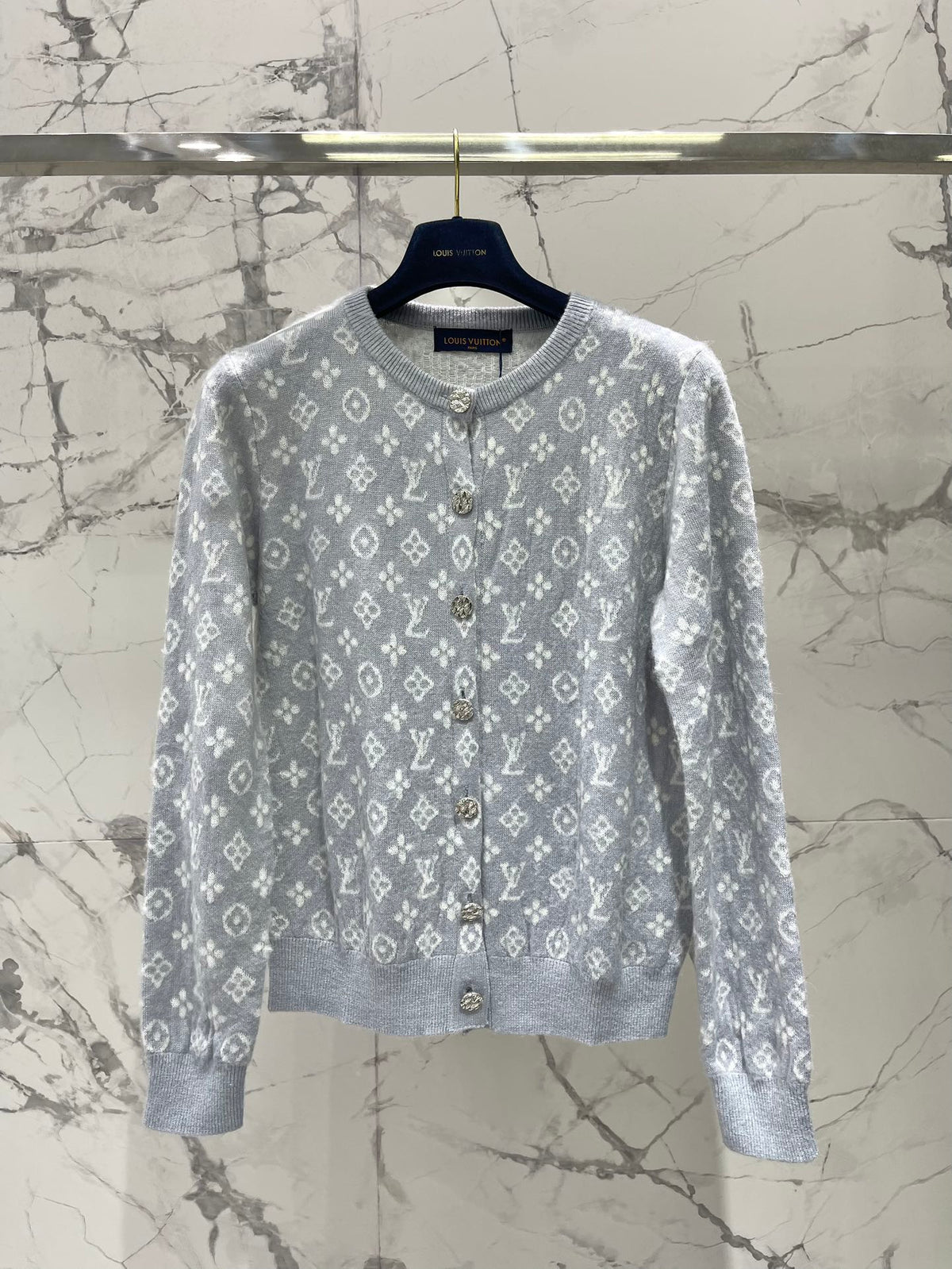 LV Monogram Jacquard All-over Print Gray Cardigan with Monogram Pattern