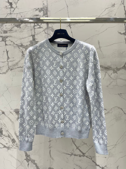 LV Monogram Jacquard All-over Print Gray Cardigan with Monogram Pattern