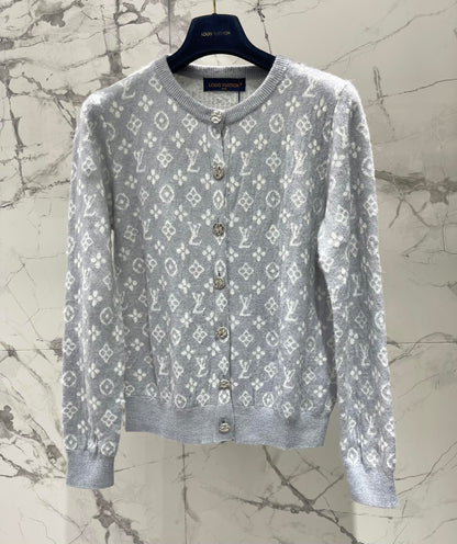 LV Monogram Jacquard All-over Print Gray Cardigan with Monogram Pattern