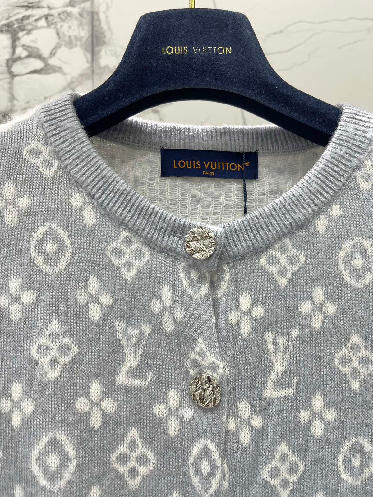 LV Monogram Jacquard All-over Print Gray Cardigan with Monogram Pattern