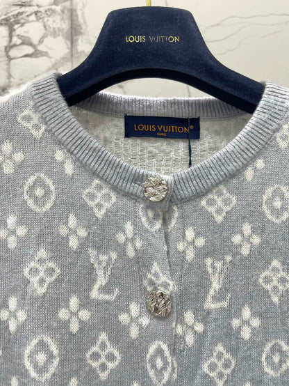 LV Monogram Jacquard All-over Print Gray Cardigan with Monogram Pattern