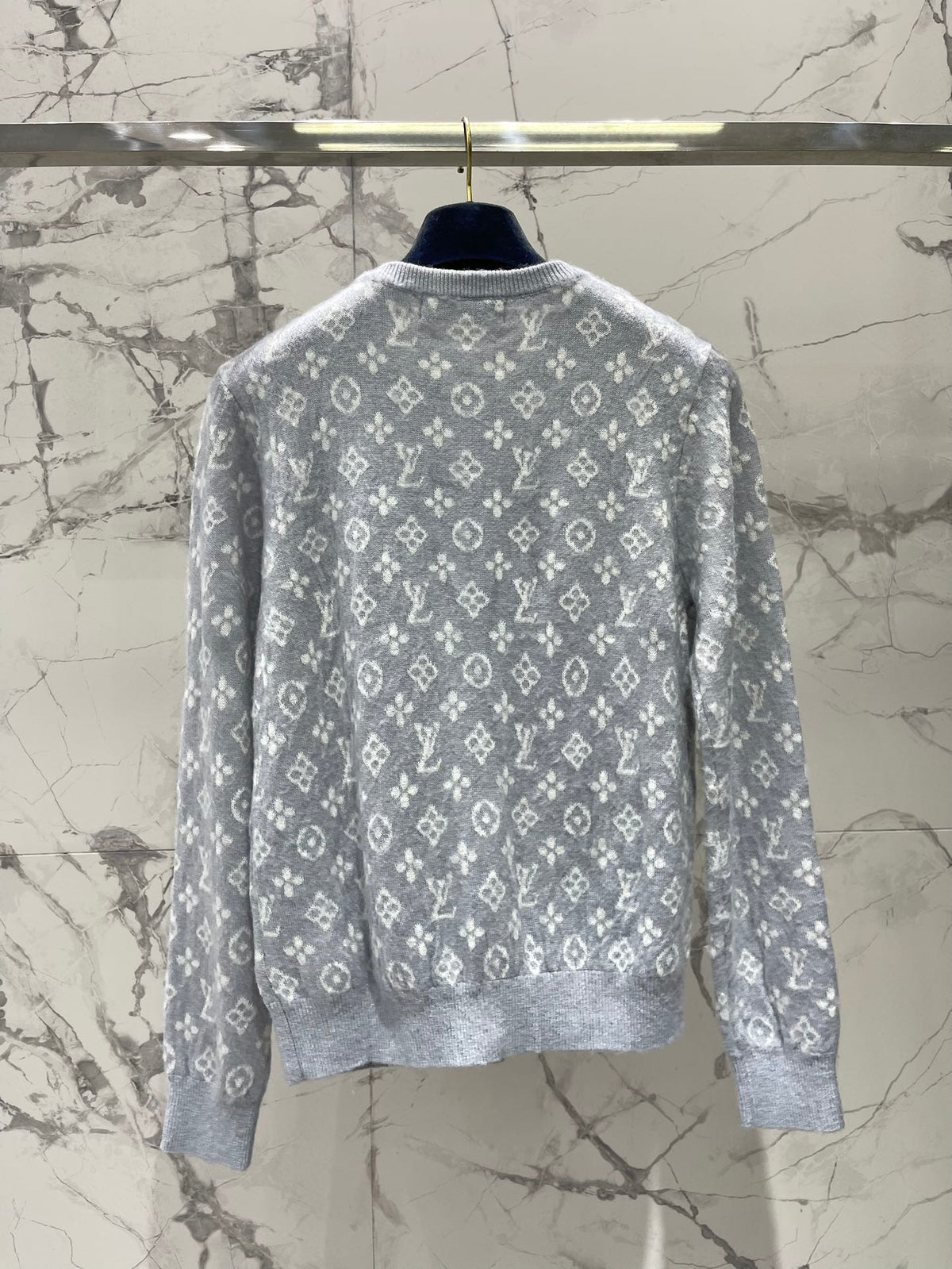 LV Monogram Jacquard All-over Print Gray Cardigan with Monogram Pattern