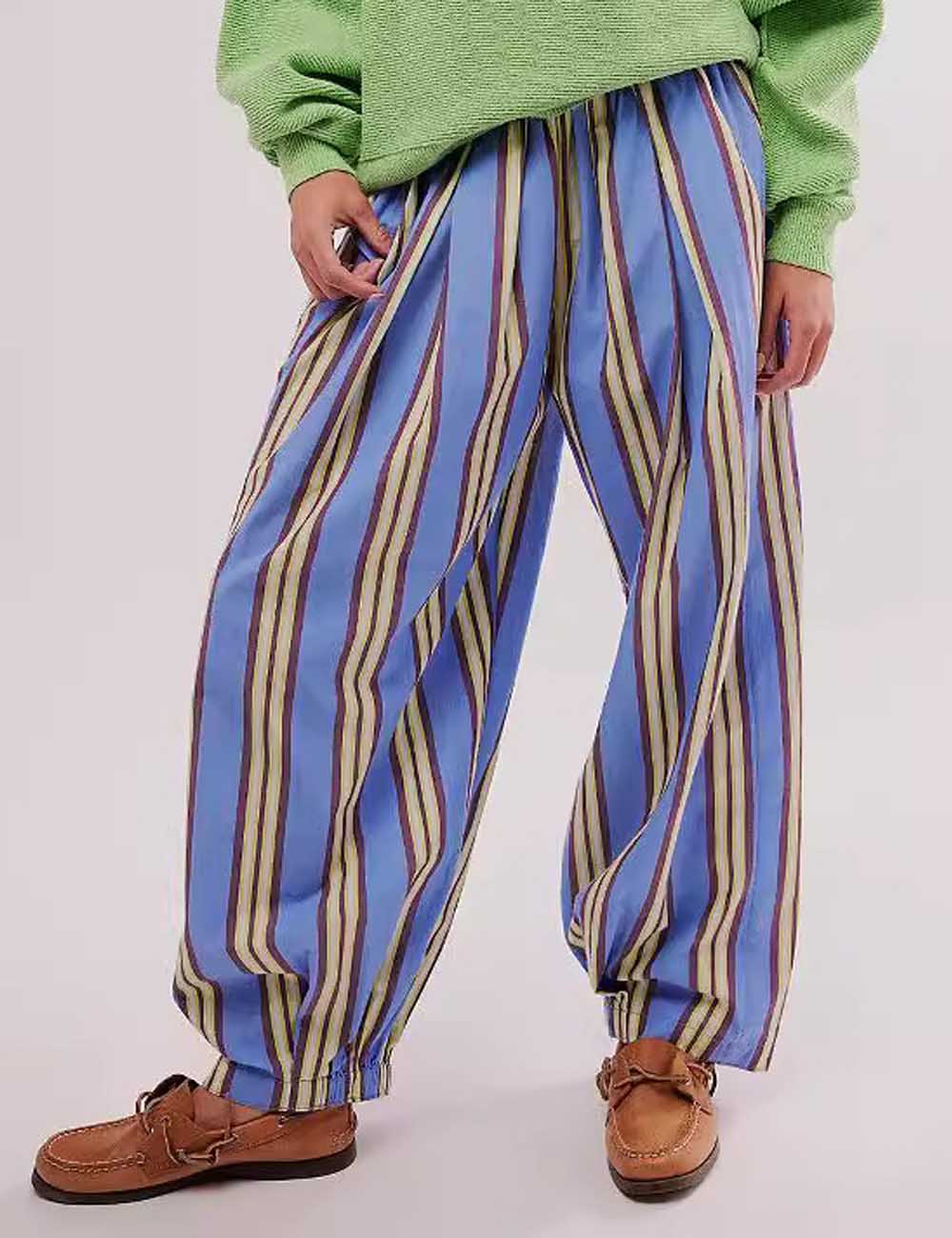 Casual Elastic Waist Color Block Striped  Pants