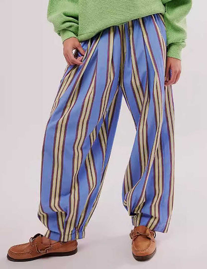 Casual Elastic Waist Color Block Striped  Pants