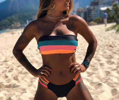 New European And American Women'S Fashion Split Bikini Stitching Striped Swimsuit