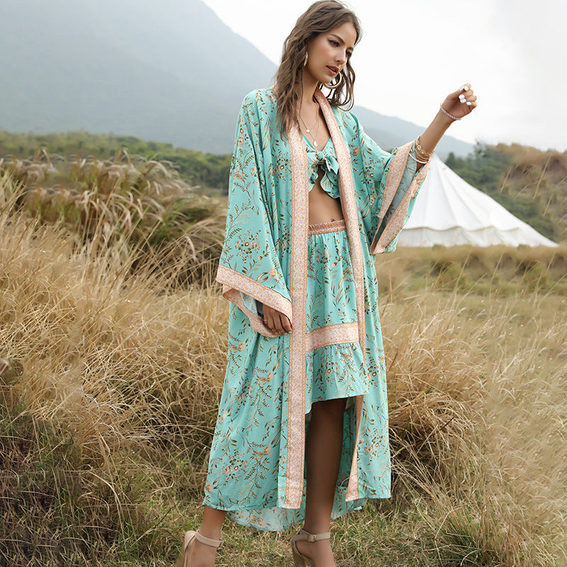 Bohemian Beach Vacation Print Sunscreen Cardigan With Shawl