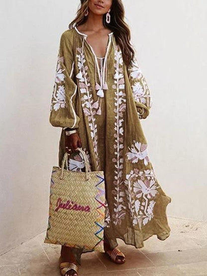 New Printed Loose Large Size V-Neck Midi Dress