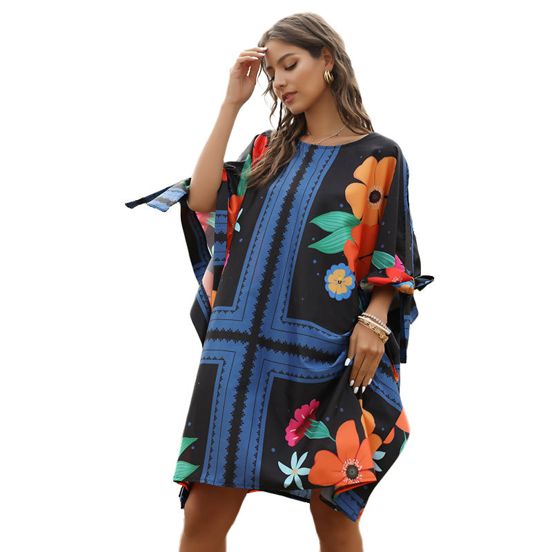 Fashion Fluffy Loose Dress Round Neck Bat Sleeve Women'S Dress