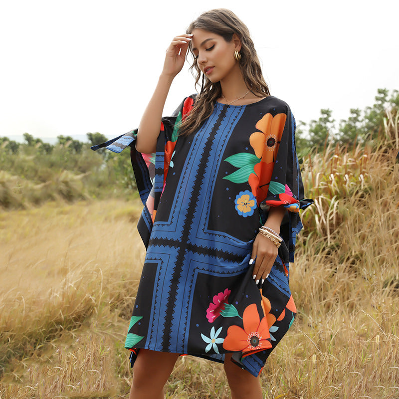 Fashion Fluffy Loose Dress Round Neck Bat Sleeve Women'S Dress