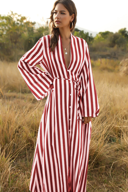 Stylish Women'S Big Striped Comfortable Ultra-Long Shirt Single-Button Edgy Shirt