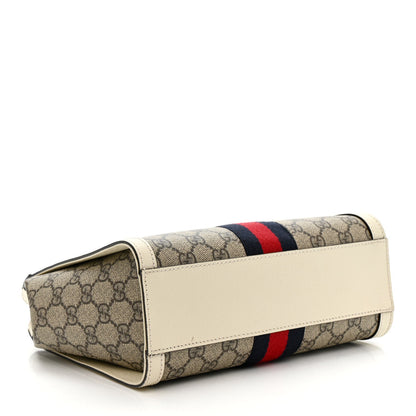 GG Supreme Monogram Textured Dollar Calfskin Web Small Ophidia Tote Bag Beige Ebony Mystic White