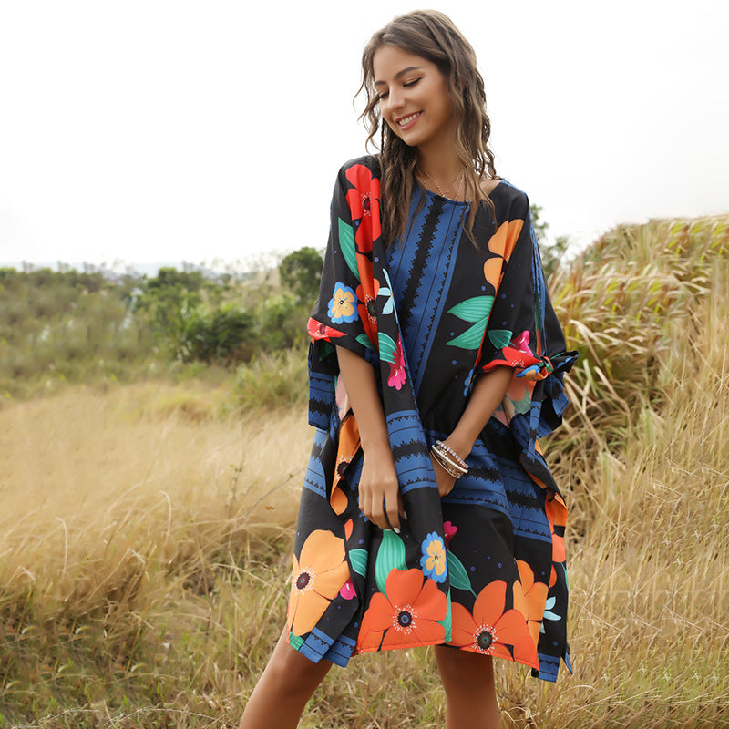 Fashion Fluffy Loose Dress Round Neck Bat Sleeve Women'S Dress