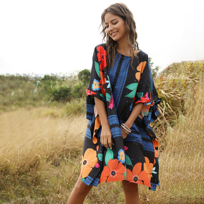 Fashion Fluffy Loose Dress Round Neck Bat Sleeve Women'S Dress