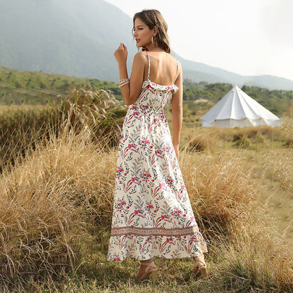 Bohemian Wind Printed Flounced V-Neck Suspender Dress