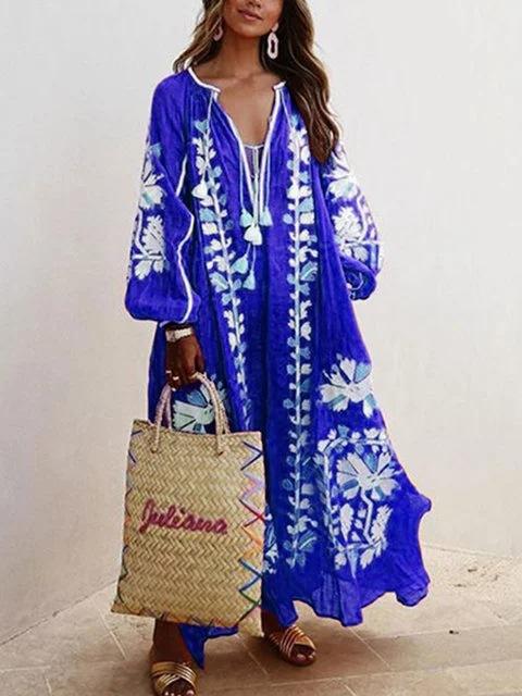 New Printed Loose Large Size V-Neck Midi Dress