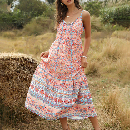 Bohemian Wind Printing Loose V-Neck Stitching Large Suspender Dress Women'S Clothing