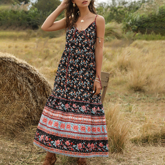 Bohemian Wind Printing Loose V-Neck Stitching Large Suspender Dress Women'S Clothing