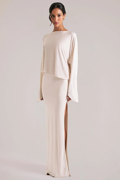 Long-Sleeve Draped Maxi Dress in Ivory