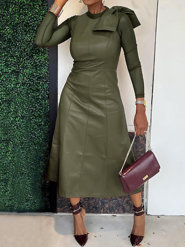 A-Line Long Sleeve Bowknot Split Midi Dress Mesh PU